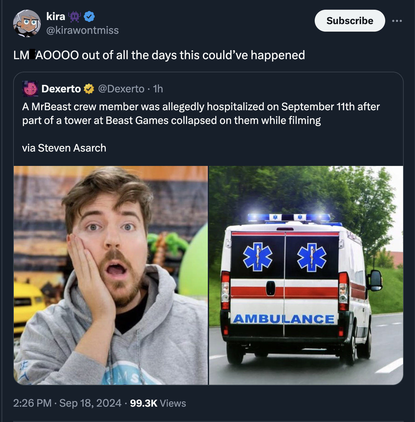 mrbeast in fortnite - kira Lm Aoooo out of all the days this could've happened Dexerto 1h Subscribe A MrBeast crew member was allegedly hospitalized on September 11th after part of a tower at Beast Games collapsed on them while filming via Steven Asarch V